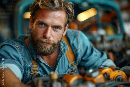 A man with a beard and overalls is working on a machine, concentrating on repairs