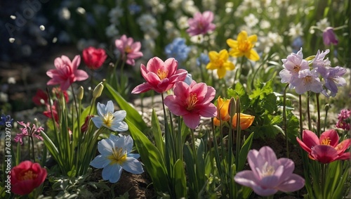 Photo of beautiful and colorful spring flowers. Floral spring background. 