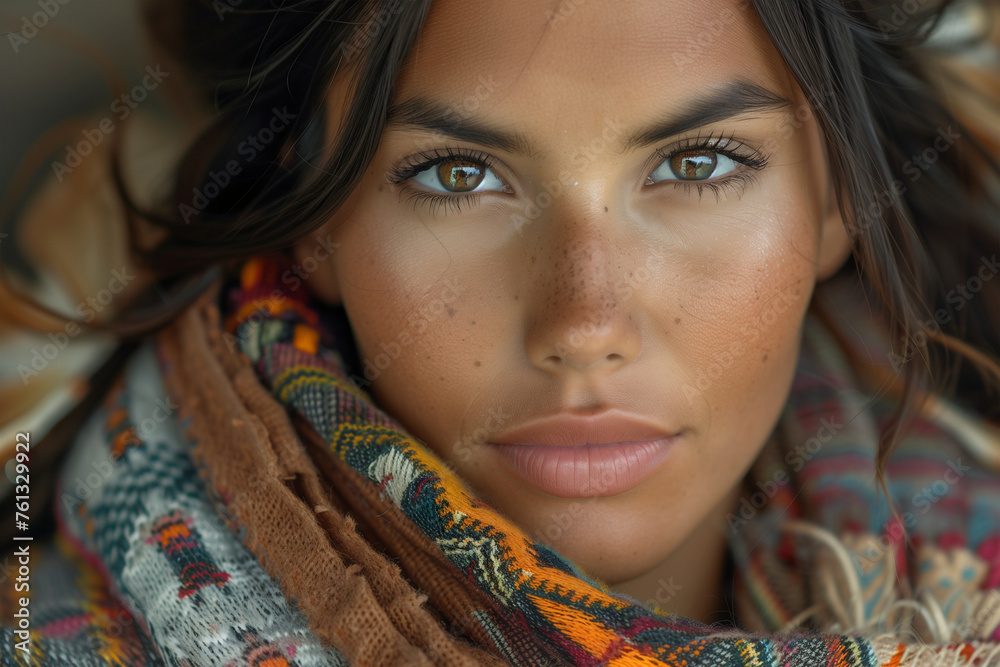 A Native American woman with a scarf draped around her neck