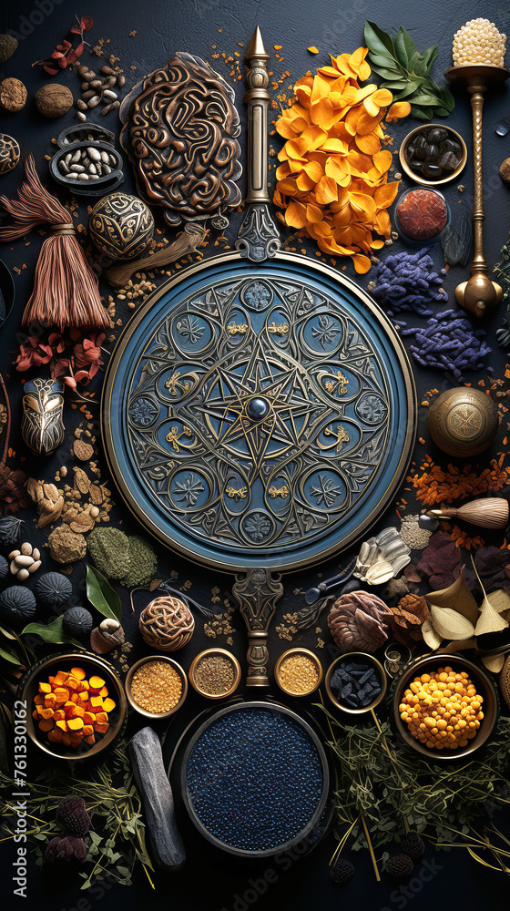 Illustration of Wiccan symbols and tools.