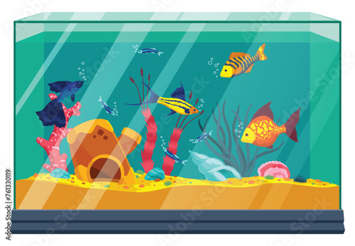 Aquarium with different colorful fish and algae. Underwater life with shells, sand, bubbles and decorative accessories in flat style. Beautiful vector glass aquarium as decoration of home interior