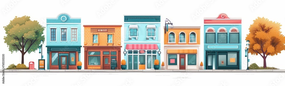 A row of small town buildings with storefront windows. - obrazy, fototapety, plakaty 