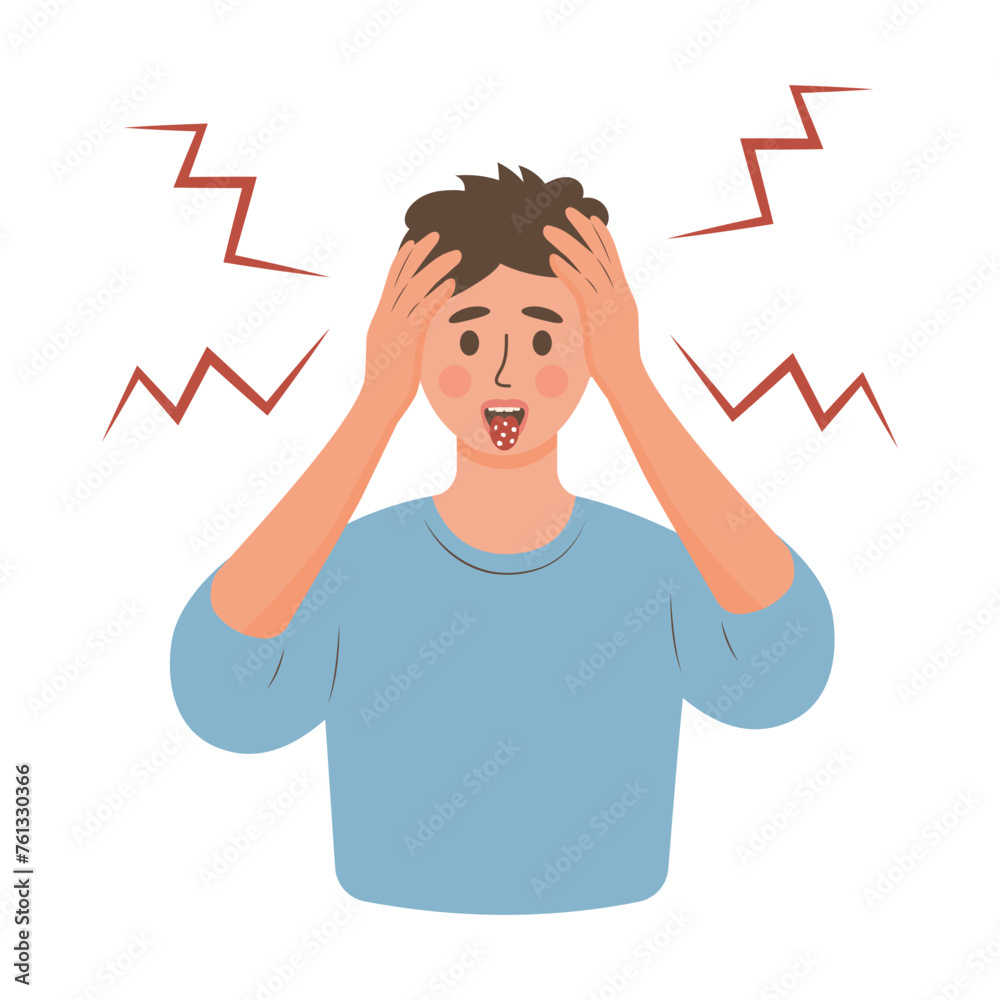 Man with stomatitis in mouth. Diseases of oral cavity. Candidiasis in boy. Mouth ulcer, inflammation of the oral mucosa.