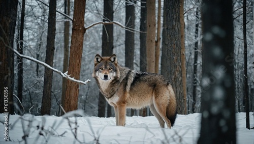 photo of wolf in snowly winter forest. wildlife nature photography