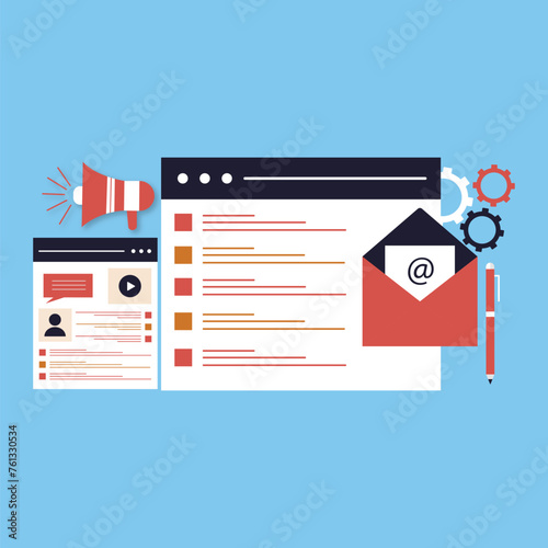 Email marketing campaigns and email promotions. online business strategy, Advertising, email newsletters, messaging, Characters send advertising letters and promotional offers with sales and discounts