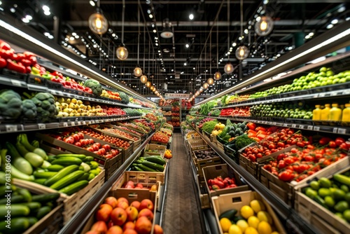 A bustling grocery store brimming with an array of fresh fruits and vegetables under bright lighting