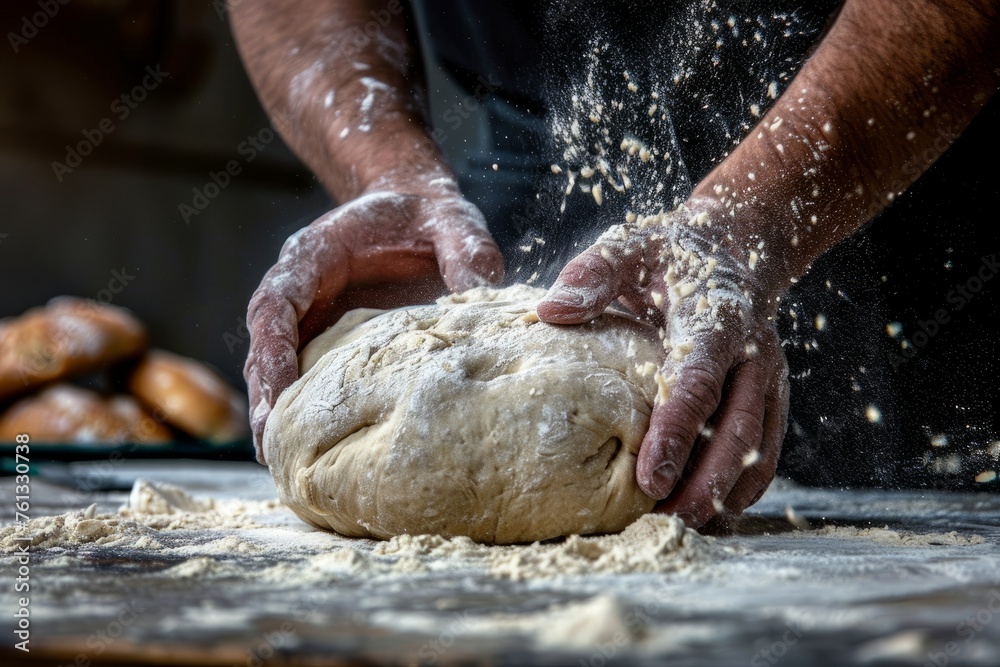 A person is vigorously kneading dough on top of a wooden table in a commercial food photography setting