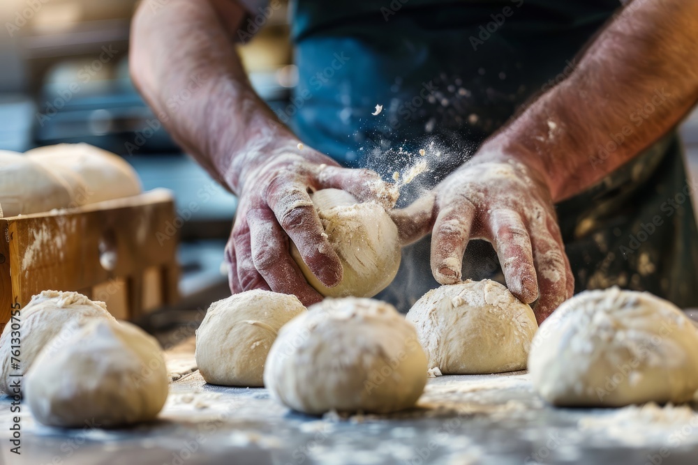 A baker is kneading dough on top of a table to prepare fresh bread in a bakery setting