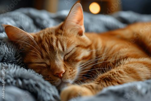 A ginger cat peacefully napping on a soft blanket © alenagurenchuk