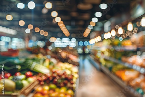 A blurred view of a bustling produce section in a modern supermarket, showcasing a variety of fruits and vegetables on display