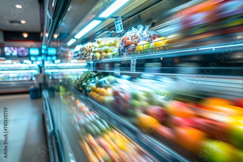 A blurred view of various fruits and vegetables displayed in the produce section of a grocery store