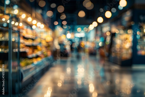A blurred view of a modern supermarket, showcasing shelves filled with various grocery items and customers shopping