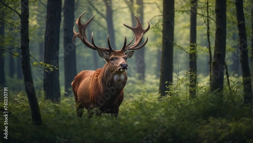 portrait photo of deer in green rainforest. wildlife nature photography