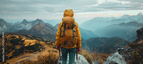 hiker stands at the edge of a majestic mountain, surrounded by vast landscapes, embodying the essence of adventure, outdoor travel, and the spirit of hiking