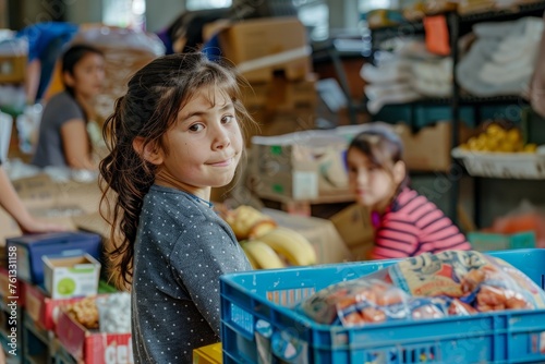 A young girl stands in front of a box of food, highlighting the generosity of volunteers distributing supplies to vulnerable communities