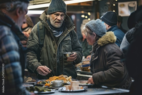 A positive homeless white man stands in front of a table filled with food in a street dining hall, surrounded by other individuals