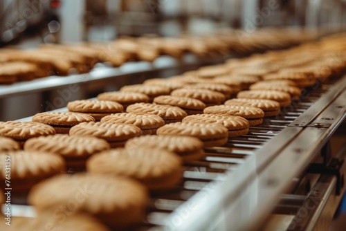 A conveyor belt in a confectionery factory filled with numerous cookies moving along the production line
