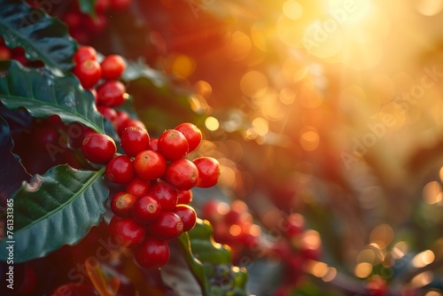 A close-up view of a bunch of red coffee cherries growing on shrubs at a plantation or farm, with the morning sun shining in the background