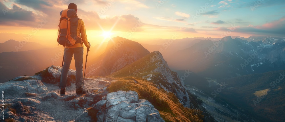 Adventurous spirit facing sweeping mountain vistas, encapsulating the essence of hiking, exploration, and outdoor travel Adventurous spirit facing sweeping mountain vistas, encapsulating the essence of hiking, exploration, and outdoor travel