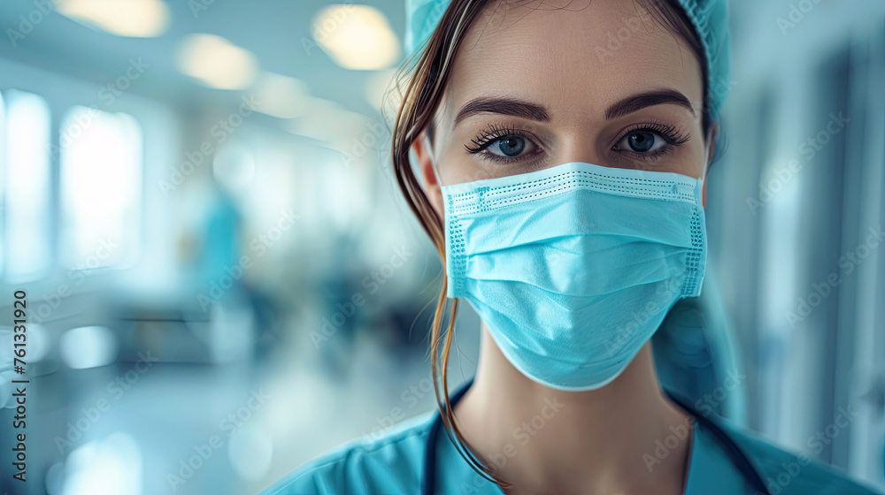 Portrait of happy young nurse in uniform and face mask , stethoscope in neck with blur hospital background. 