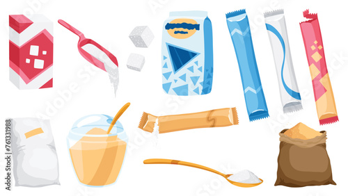 Sugar cartoon symbols set. Cube sugar, granulated and crystalline, sugar in canvas bags and carton packages. Sweet vector illustration