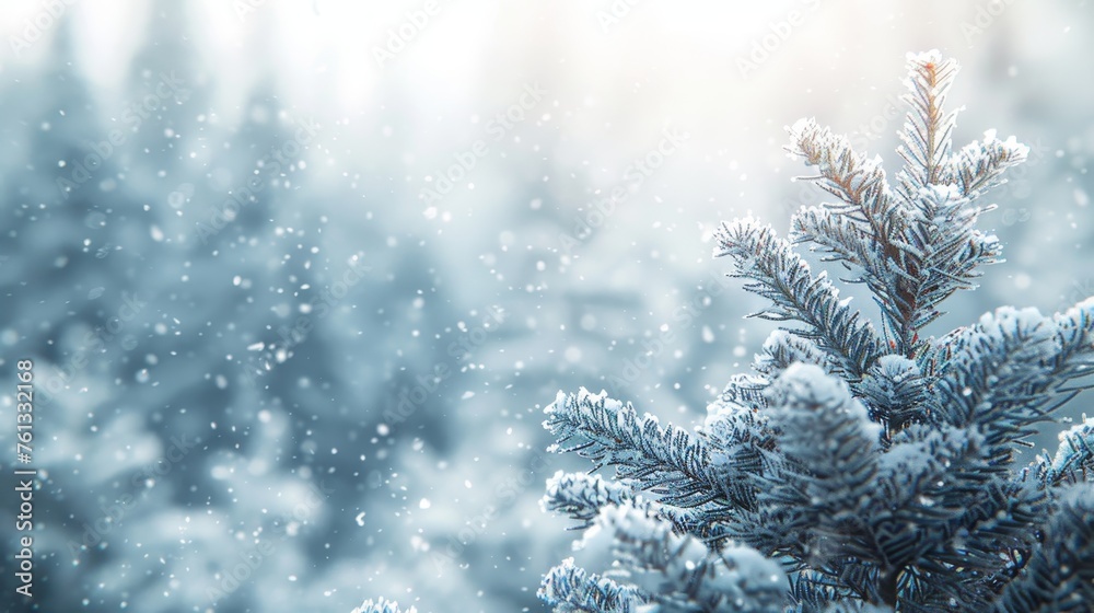 Festive christmas background with snowflakes, spruce branch frame, and text space