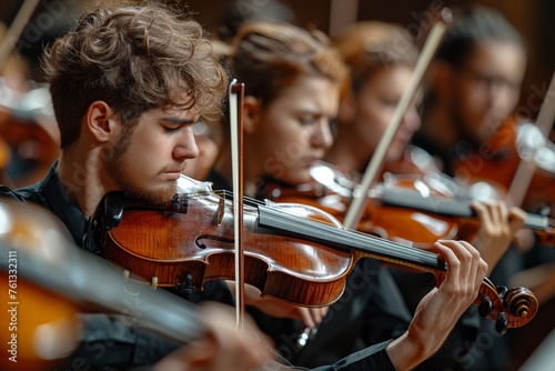 A group of musicians in a classical orchestra, displaying intense concentration and teamwork during rehearsal.