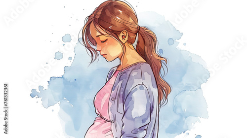 A pregnant woman in despair. depressed pregnant girl on a white background. Nervous breakdown. watercolor art 