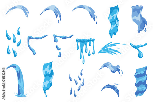 Cartoon tear drops icon set. Sorrow cry streams, tear blob or sweat drop. Crying fluid, falling blue water drops. Isolated vector set for sorrowful character weeping expression. Wet grief droplets photo