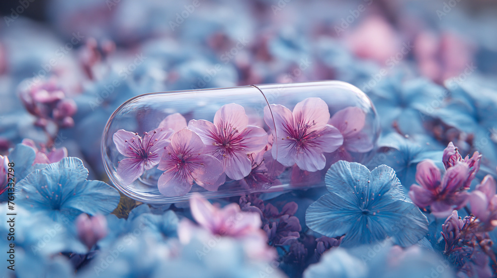 A view of flowers inside a transparent medicine capsule, a view that shows the quality and beneficial nature of the medicine, a view that shows that the medicine is good for the body. - obrazy, fototapety, plakaty 