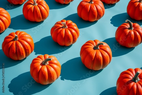 Halloween pumpkins arranged in a circle on blue surface with shadows  creating a festive and spooky display