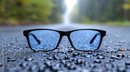 Cityscape seen through glasses resting on the pavement of a bustling urban street view