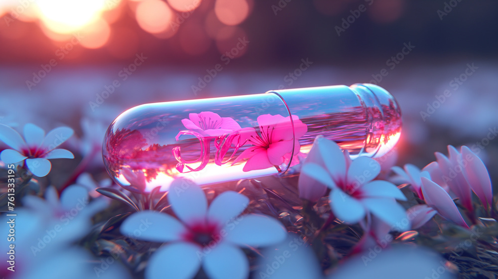 A view of flowers inside a transparent medicine capsule, a view that shows the quality and beneficial nature of the medicine, a view that shows that the medicine is good for the body. - obrazy, fototapety, plakaty 