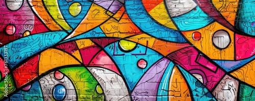 A vibrant, colorful graffiti art covering a massive brick wall, showcasing street art culture.