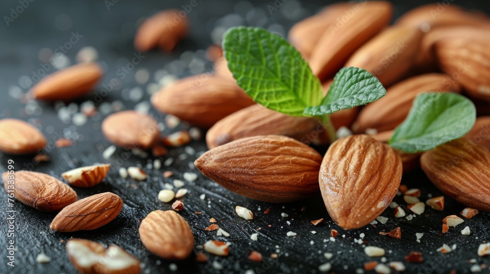 Pile of Almonds With Green Leaf