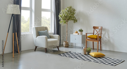 Grey stone wall background and guillotine windows, sofa, pillow, lamp and green vase of plant, bookshelf, carpet interior decoration.