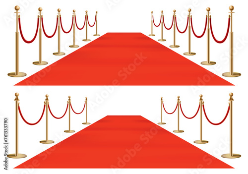 Red carpet golden barriers. Exclusive event. Red carpet with stairs red ropes and golden stanchions. Movie premiere, gala, ceremony, award concept