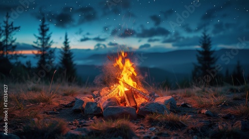 Campfire Burning Bright in Field at Night