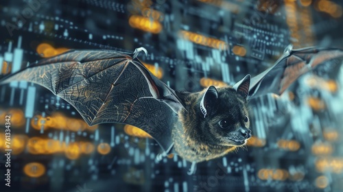 A bat navigating through a labyrinth of financial graphs and charts, embodying intuition and the ability to thrive in the complexities of the financial world.
