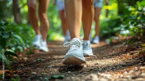Group of People Walking Down Forest Trail