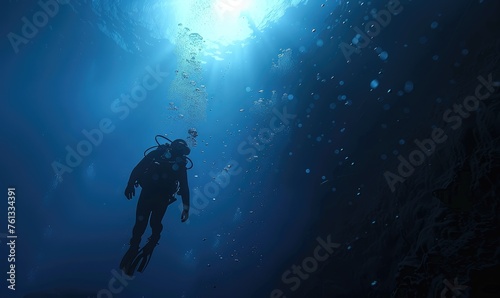 A breathtaking underwater shot of a scuba diver exploring the mysterious ocean depths, highlighting adventure and discovery © Daniela