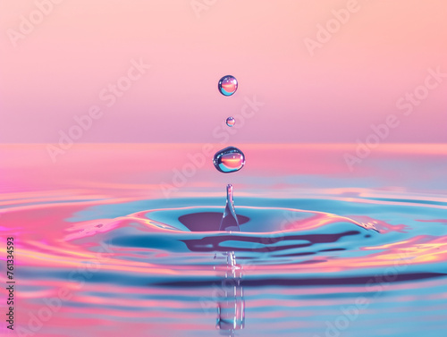 water droplet causing ripple, pink reflections
