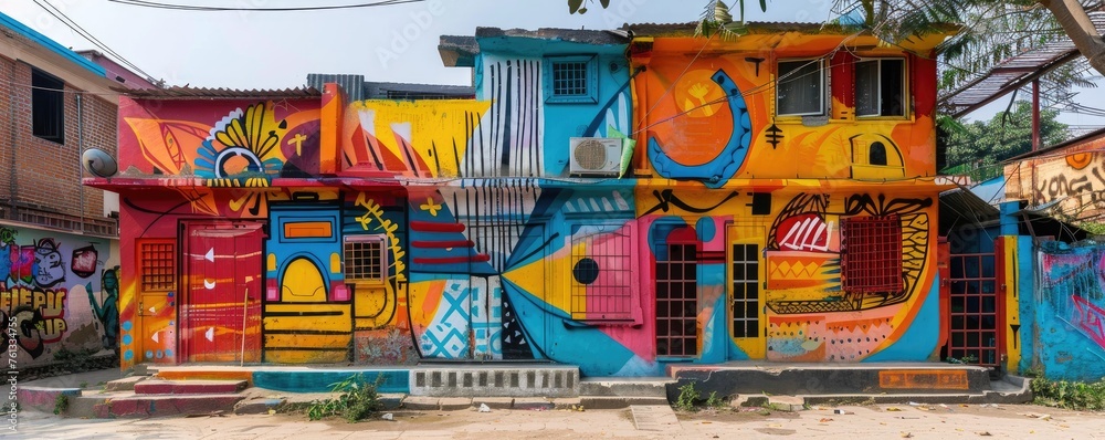Vibrant, wide-angle shot of a colorful mural covering the entire side of a building, depicting artistic faces and abstract elements.