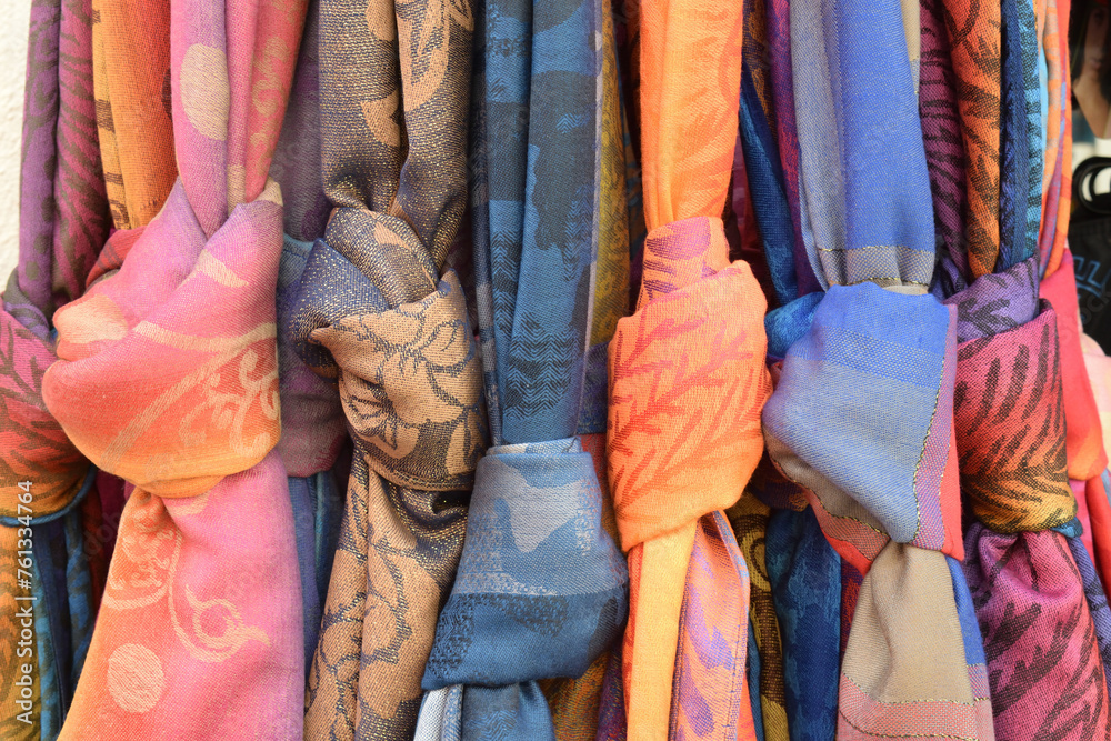 Fototapeta premium Colourful Textiles on Outdoor Display in Close Up