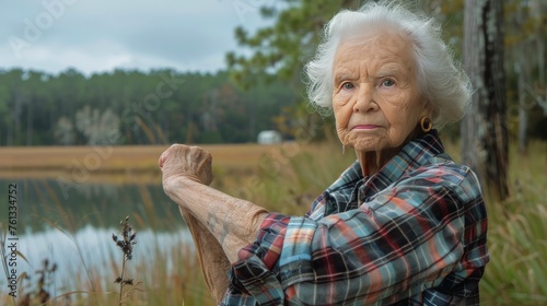 Old Woman With Grey Hair and Red Jacket