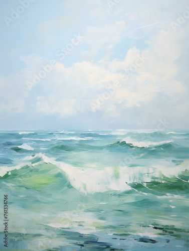 Seascape in soft green tones. Oil painting in impressionism style.