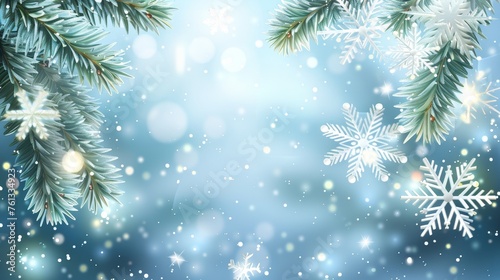 Festive christmas background with spruce branch and snowflakes frame, blank space for text