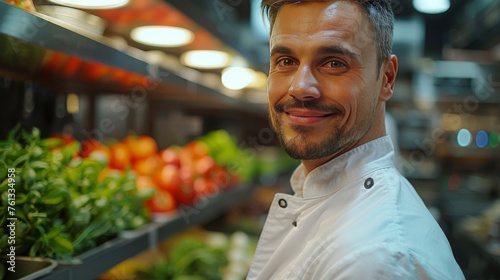Man Standing in Front of Shelf of Vegetables