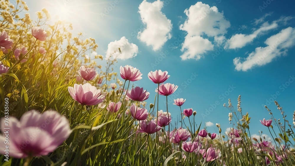 pink tulips in spring and summer  low angle view with sky and clouds 
