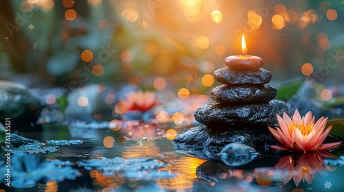 A Candle Resting on Rocks